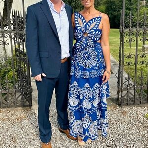 Farm Rio XS NWT Blue Flower Richelieu Linen Midi Dress